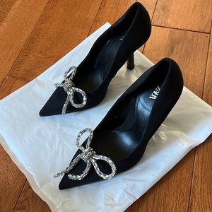 Zara black pointed toe crystal bow heels
